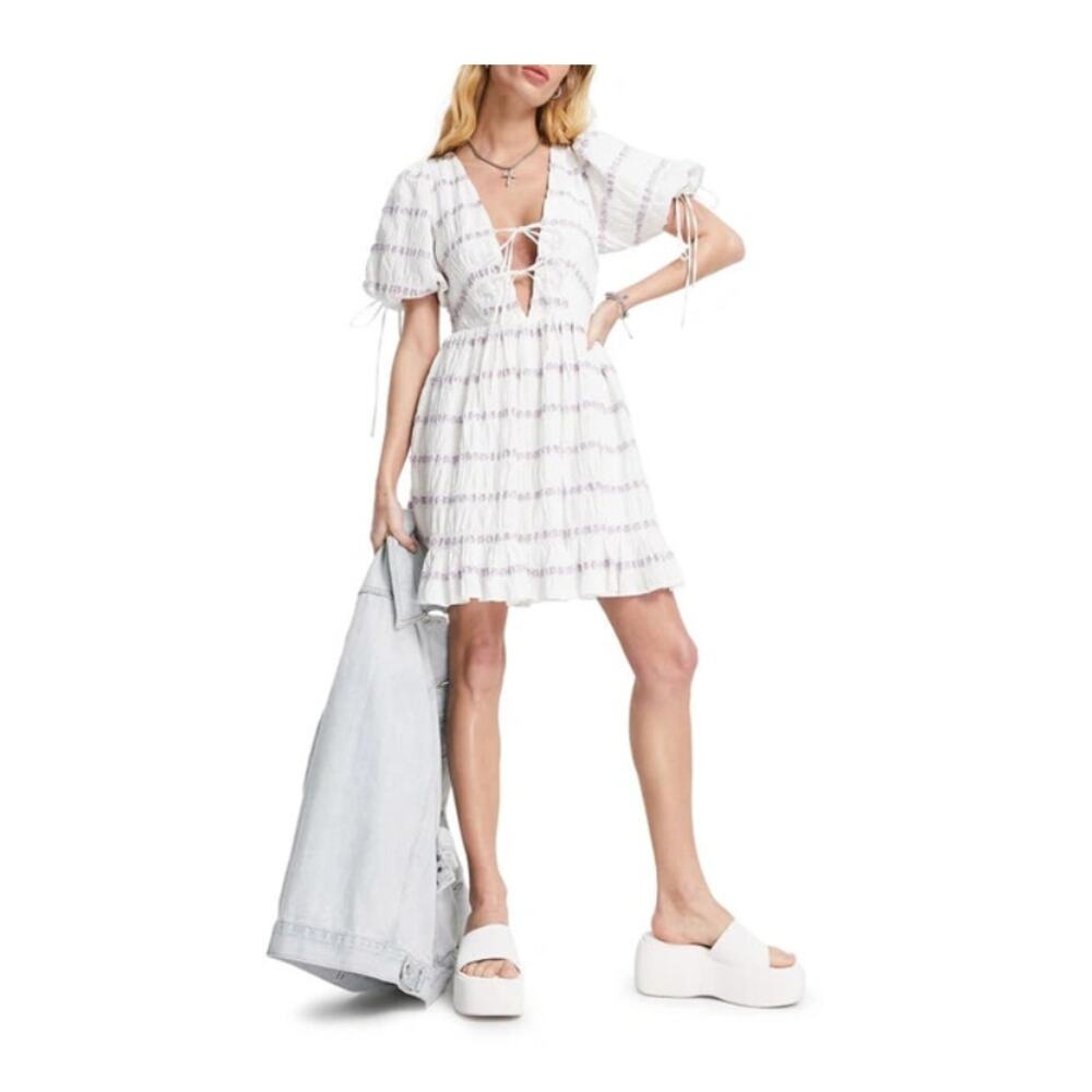 Topshop Embroidered Flowers Textured Stripe Cotton Minidress US 10